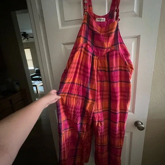 Vibrant Pink and Orange Plaid Jumpsuit - Picture 3 of 3